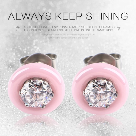 NEW Pink Minimalist 9mm Ceramic Diamond Earrings - Picture 3 of 8